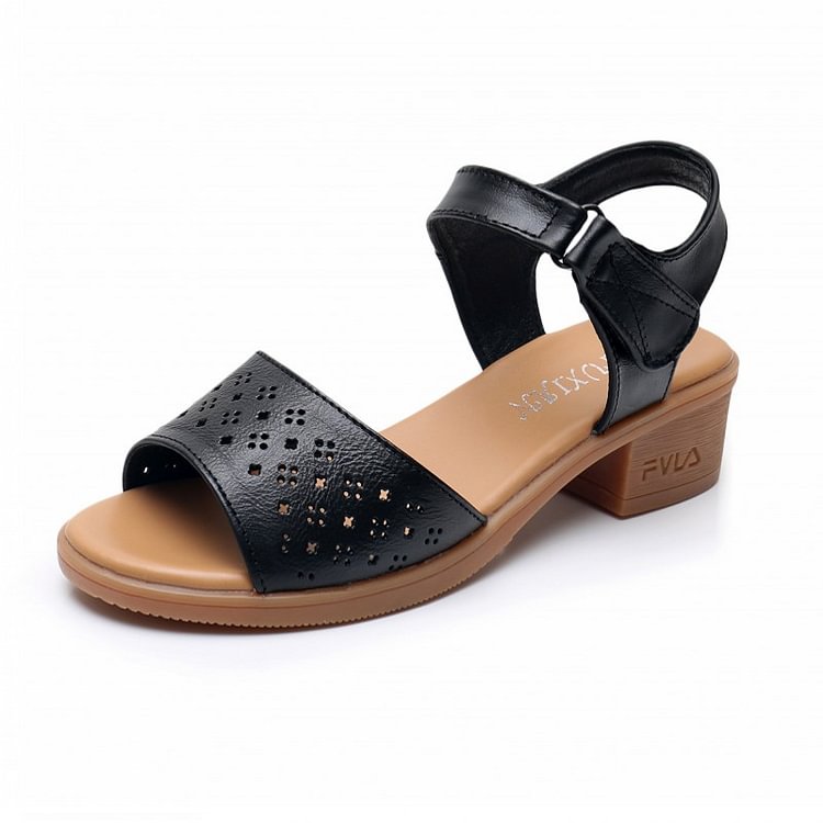 Chunky Low Heel Leather Sandals With Hollow out
