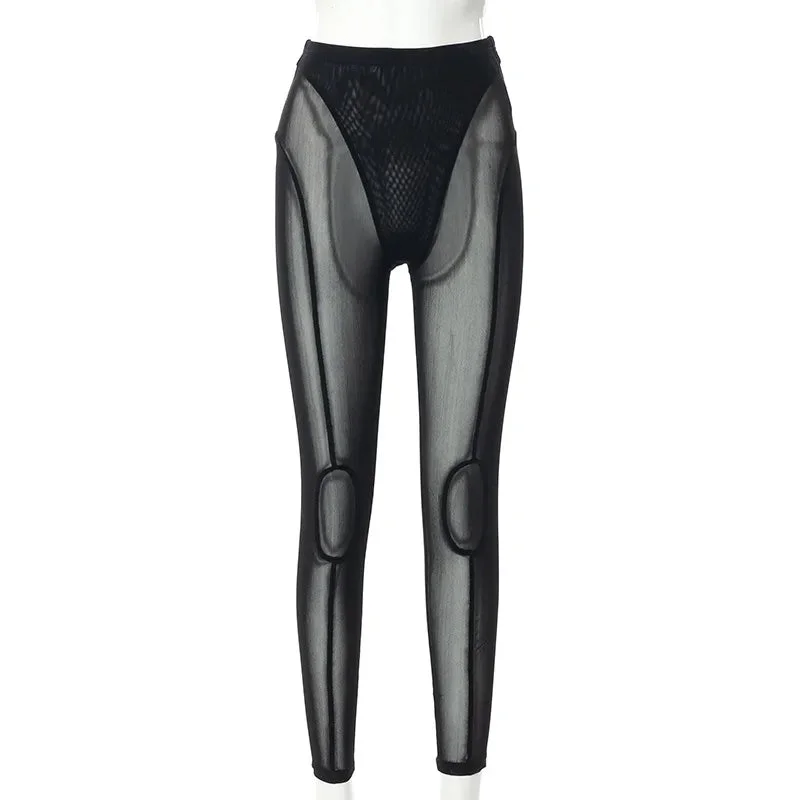 Oocharger Women See-through Mesh Trousers Sexy High-Waisted Push Up Leggings Streetwear Punk Grunge Skinny Pencil Pants