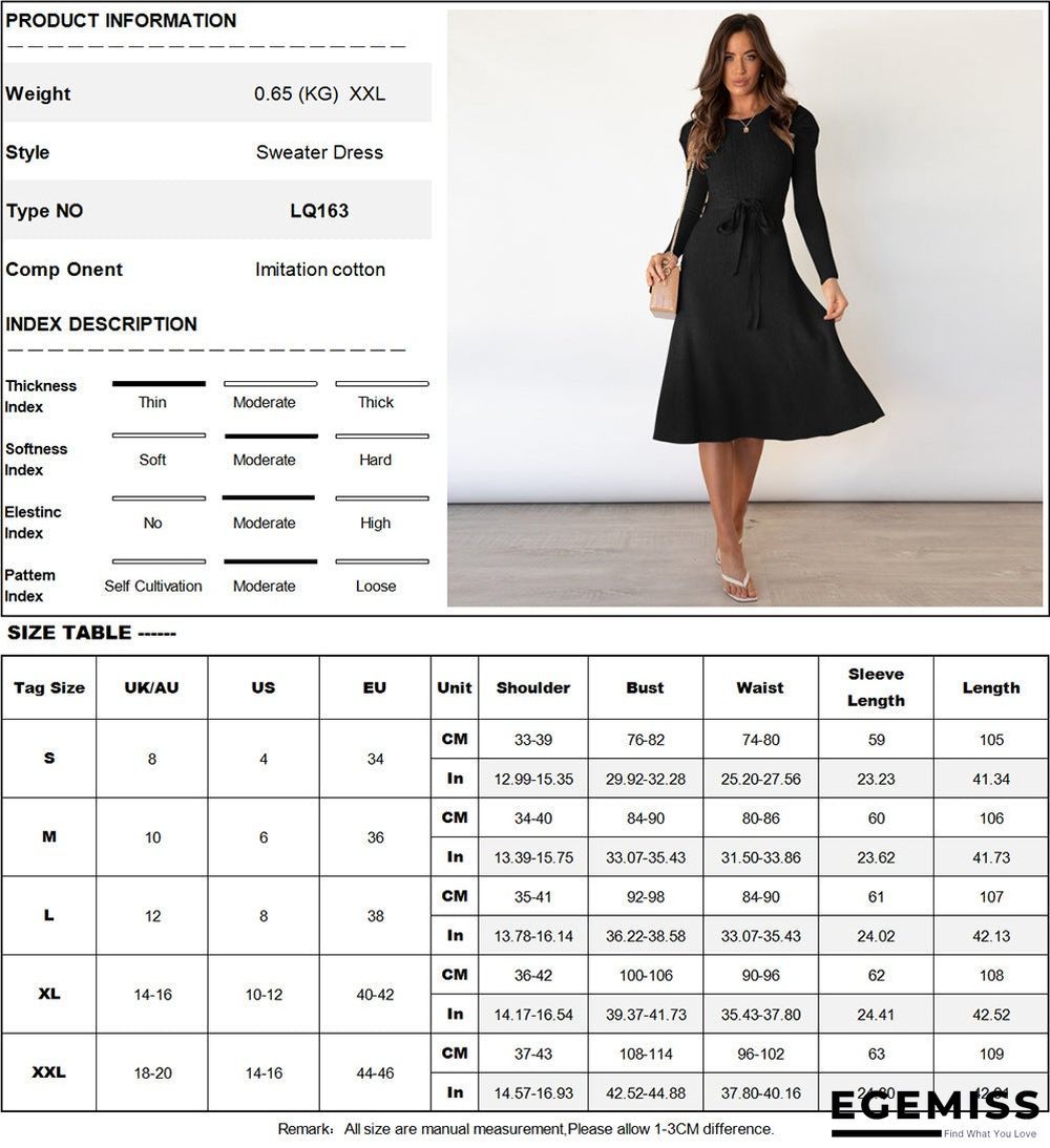 Bubble Long Sleeve Knitted Skirt Medium Long Wool Dress Black Dresses | EGEMISS