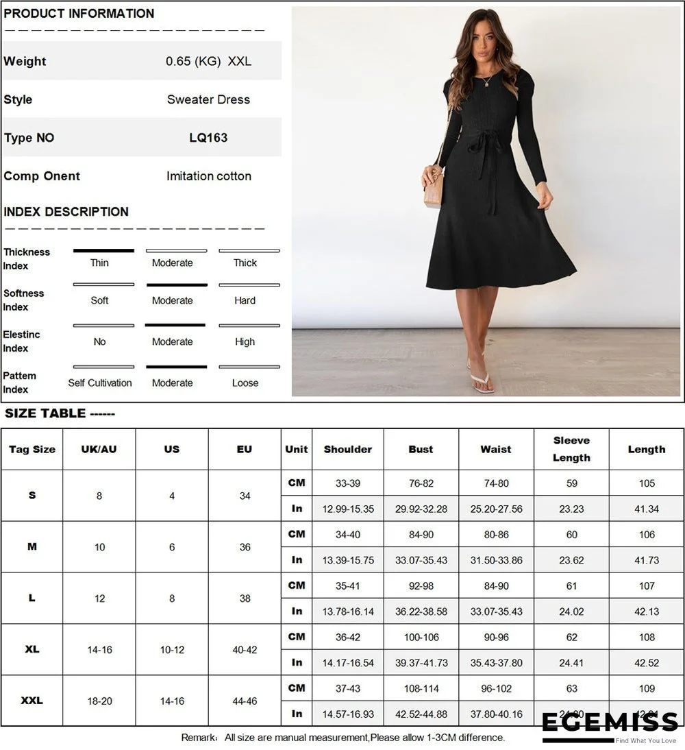 Bubble Long Sleeve Knitted Skirt Medium Long Wool Dress Black Dresses | EGEMISS