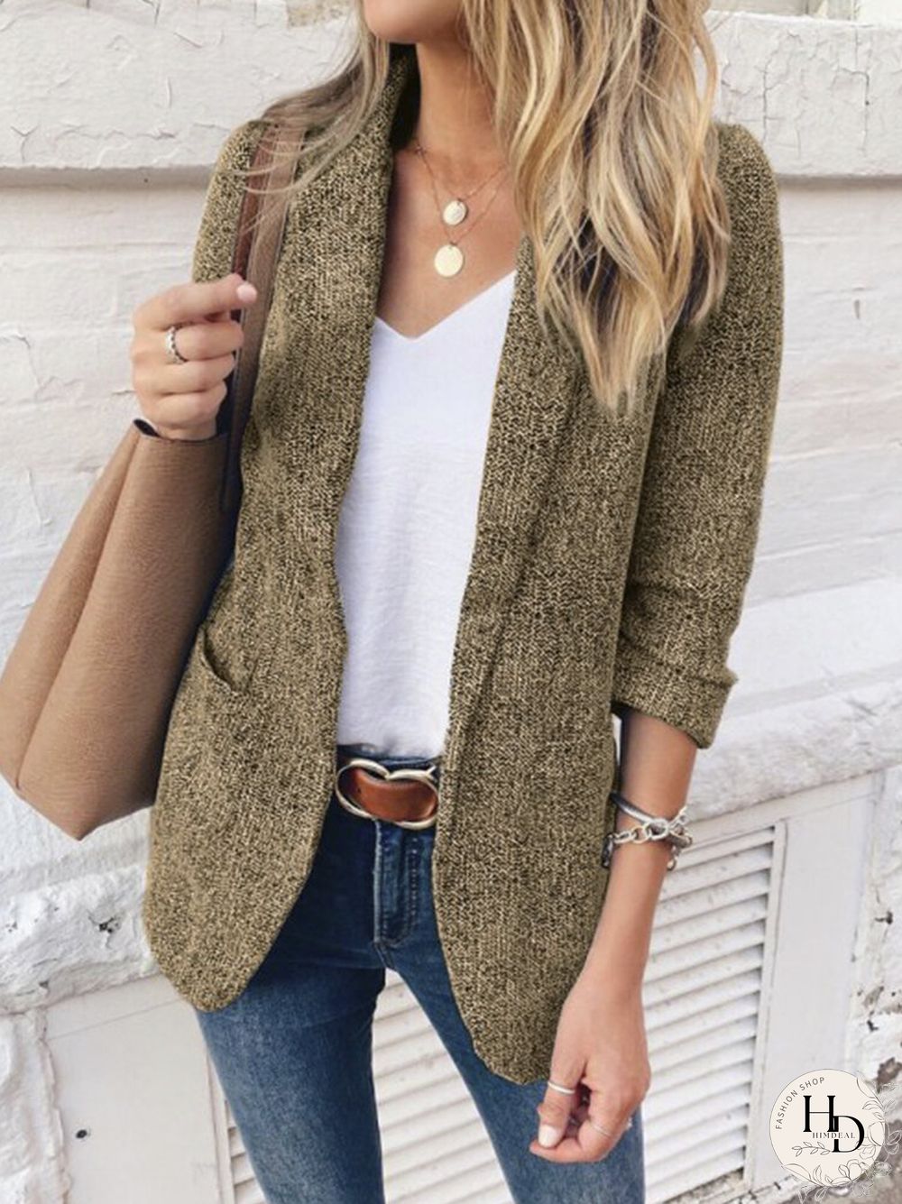 Solid Color Long Sleeve Lapel Collar Pocket Blazer For Women