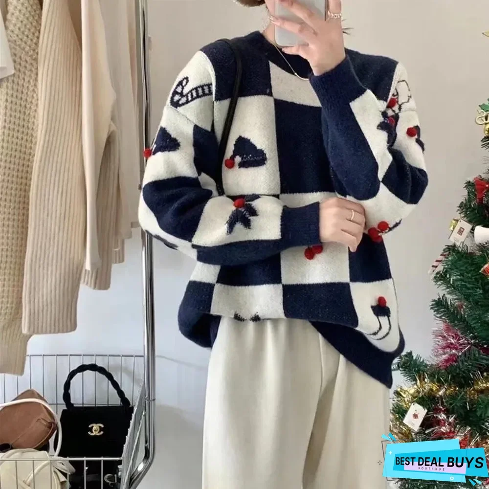 Retro Jacquard Pullover Loose Checkerboard Thickened Sweater