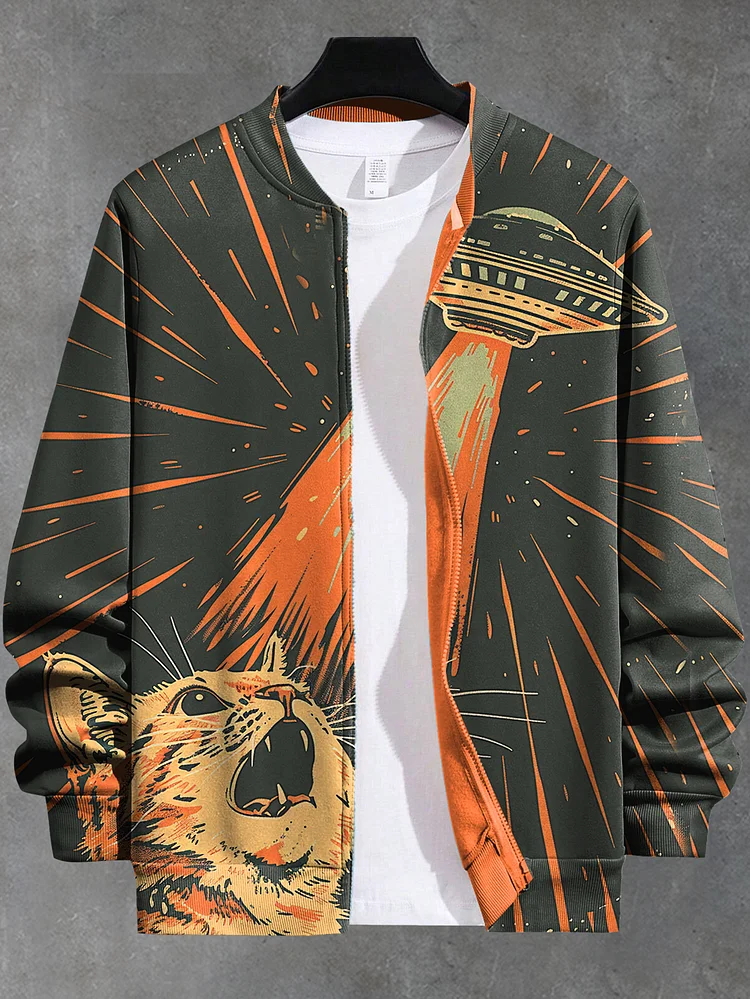 Men's Screaming Cat Meets UFO Retro Future Art Print Zip Up Jacket