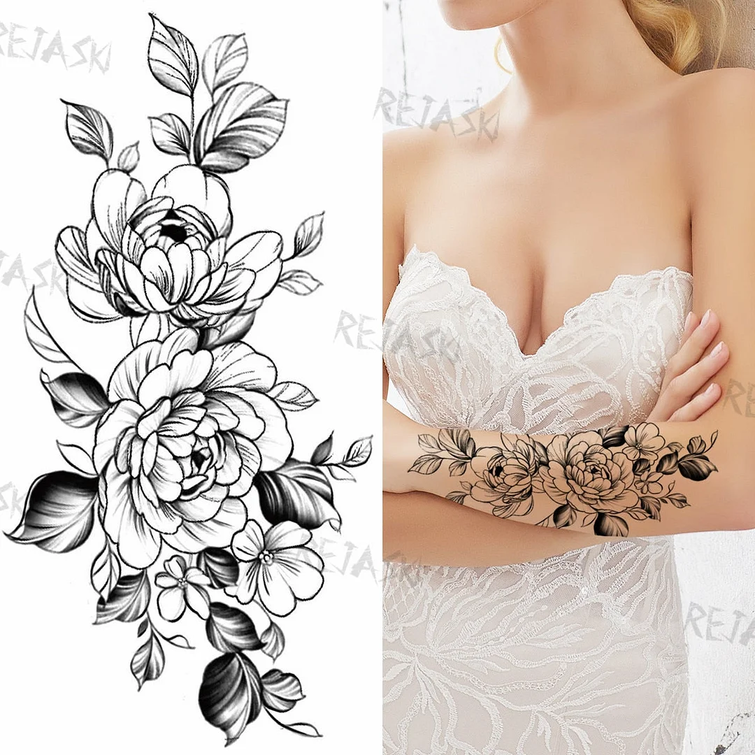 Sexy Snake Flower Fake Temporary Tattoo For Women Black Sunflower Tattoos Bloosom Big Daisy Camellia Water Transfer Tatoos Legs
