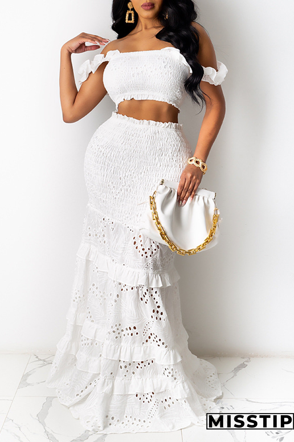 White Sexy Solid Hollowed Out Off the Shoulder Short Sleeve Two Pieces