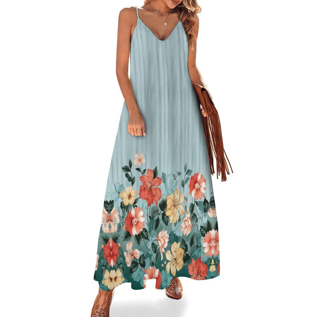 Style & Comfort for Mature Women Plus Size Printed Sling Casual Women Maxi Dress in Pattern Floral, Colorful, Blue, Red