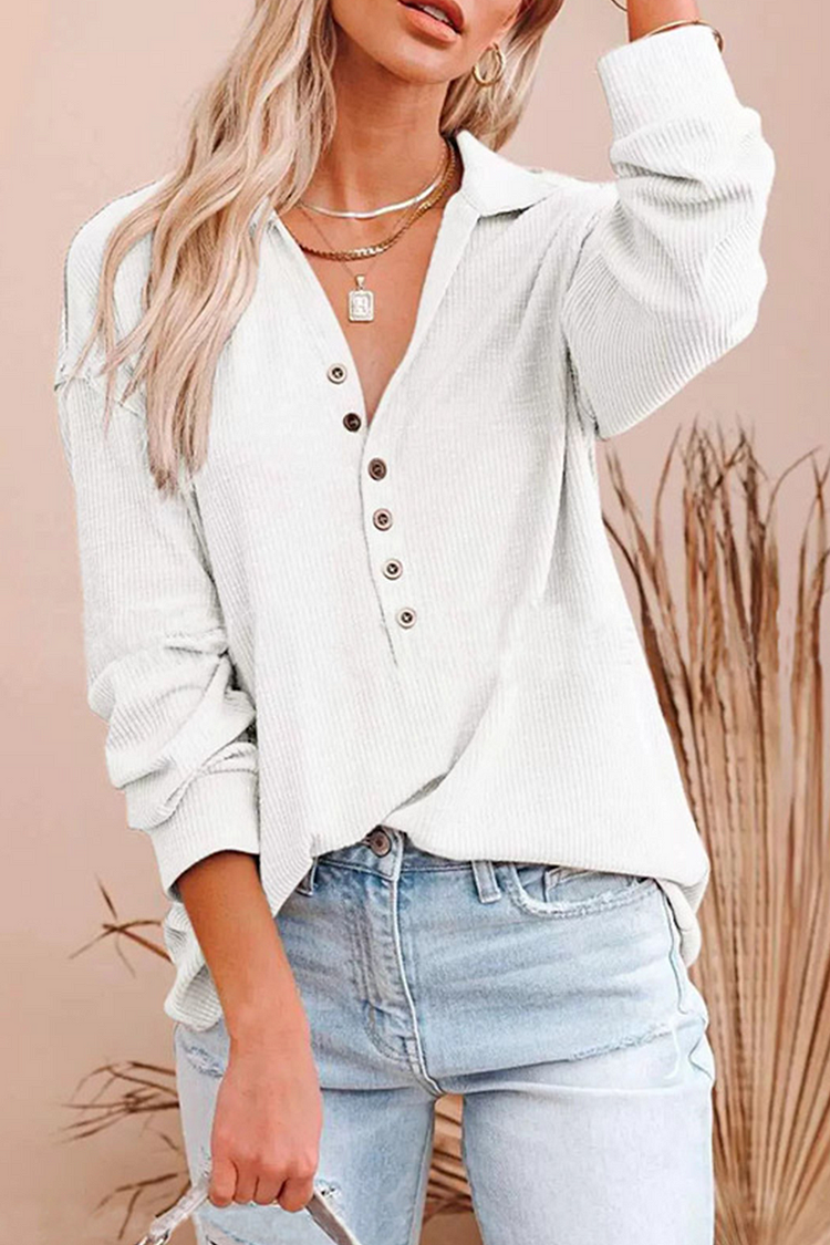 Casual Solid Buckle V Neck Tops - Life is Beautiful for You - SheChoic