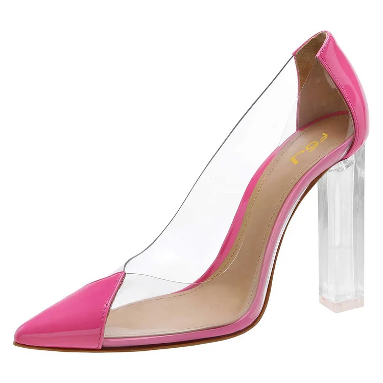 Pink transparent PVC Chunky Heels Pumps |FSJ Shoes
