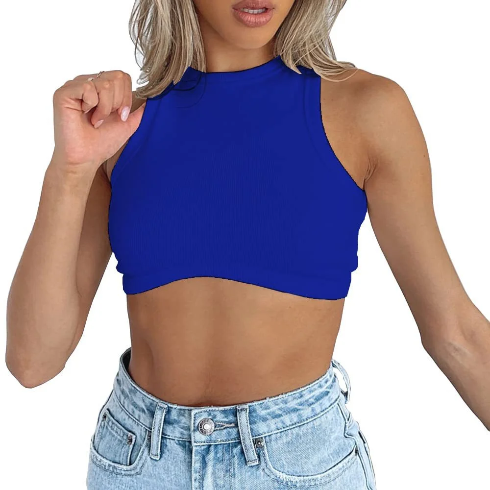 Uveng Uveng Women's New Women's Sexy Sleeveless Round Neck Rib Knit Vest Crop Top