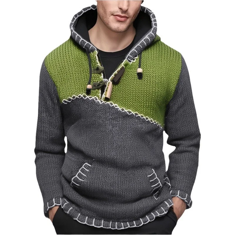 Uveng Uveng Men's Fashion Long Sleeve Collusion Knit Dresses Casual Hand-Stuck Hooded Sweater SY0006