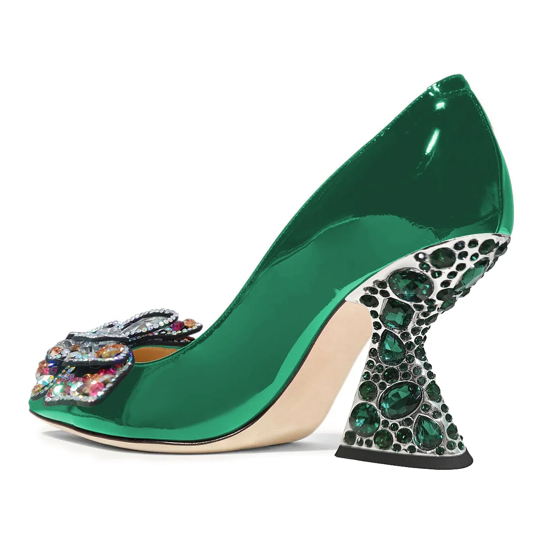 Green Patent Leather Pointed Colorful Rhinestone Butterfly Pumps 