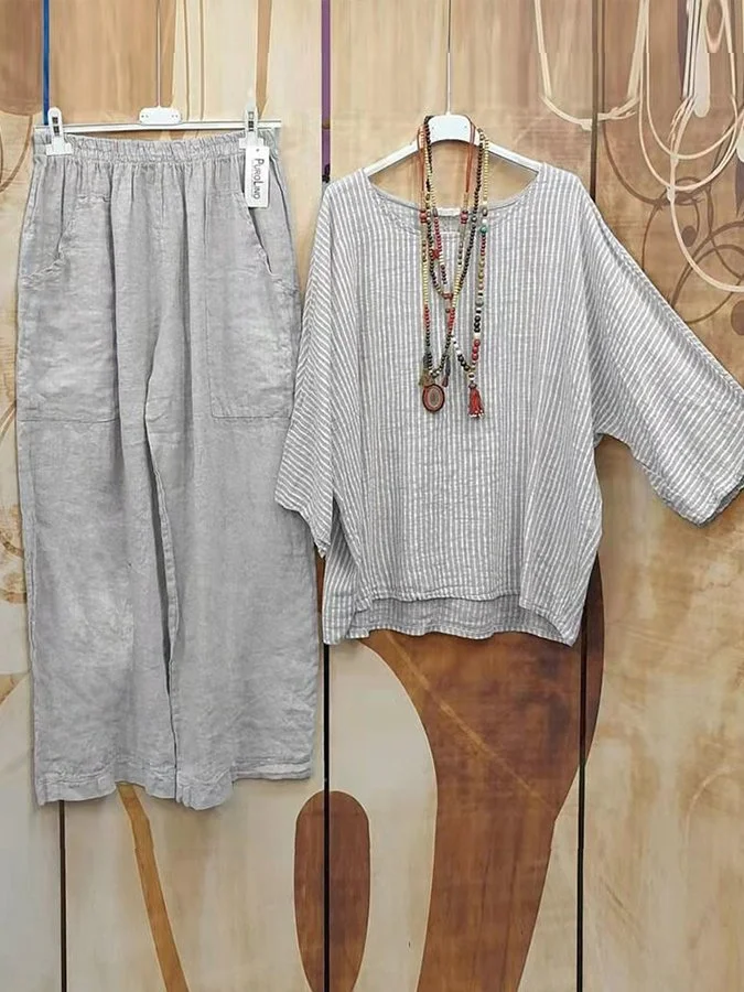 Women's Casual Striped Mid Sleeve Top Pants Two Piece Set