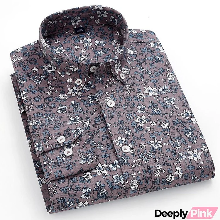 Men Fashion Casual Basic Tiny Flower Long Sleeve Lapel Plus Size Shirt