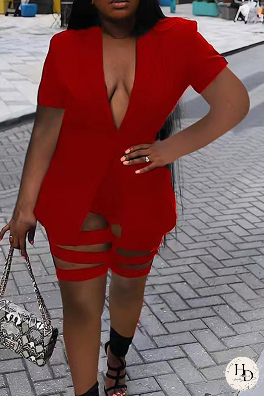 Red Sexy Solid Ripped Turndown Collar Short Sleeve Two Pieces