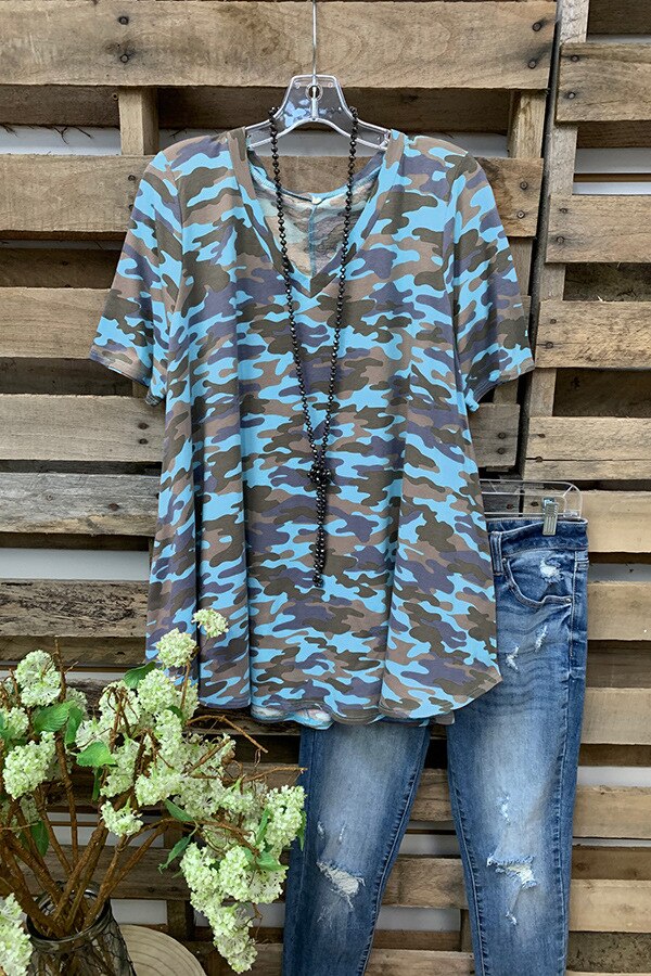 Spring Summer Women's Top Printed Camouflage Round Neck Short Sleeve Shirt