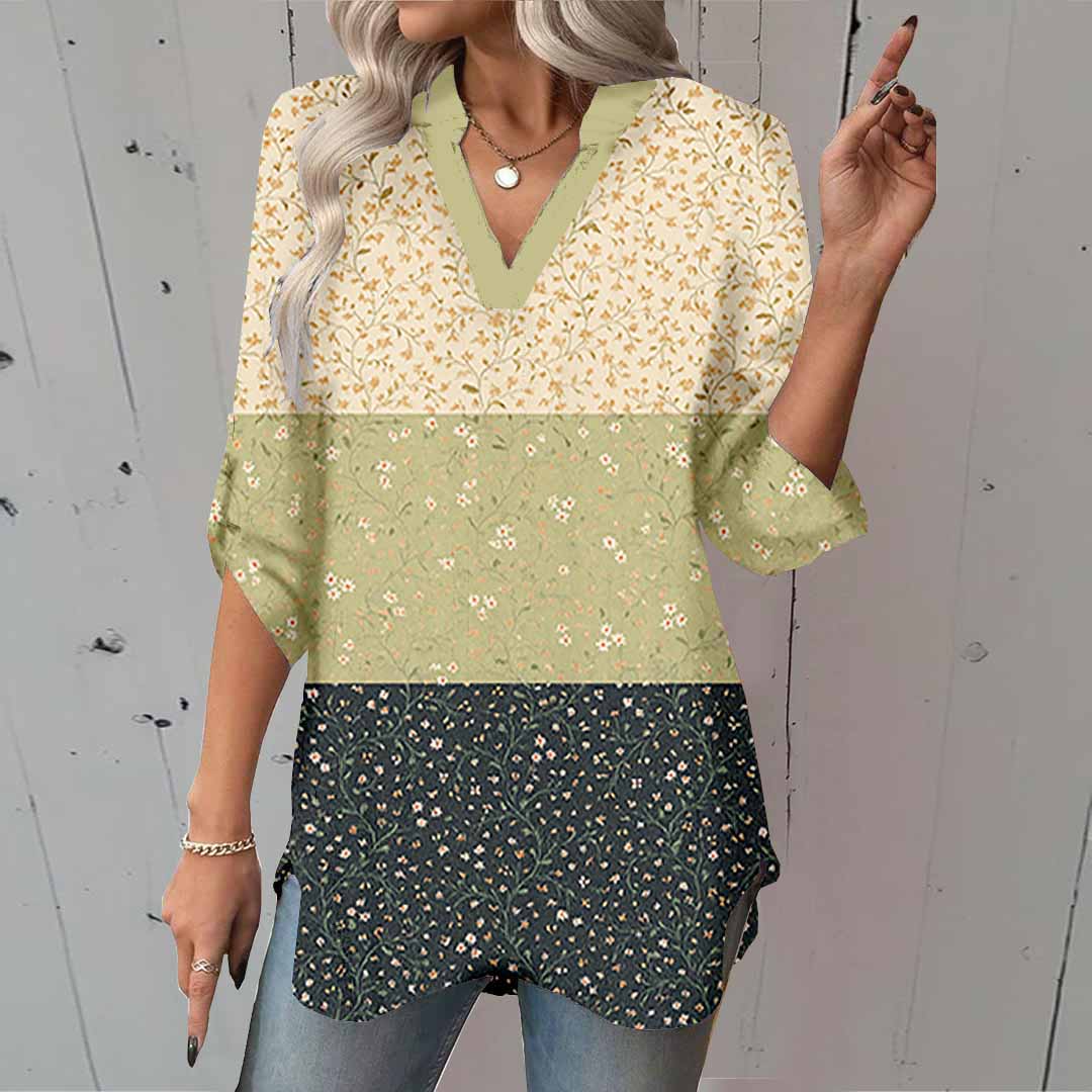 Women Floral,Patchwork DZGA0007 3/4 Sleeve V-neck Printed Graphic Button Tops