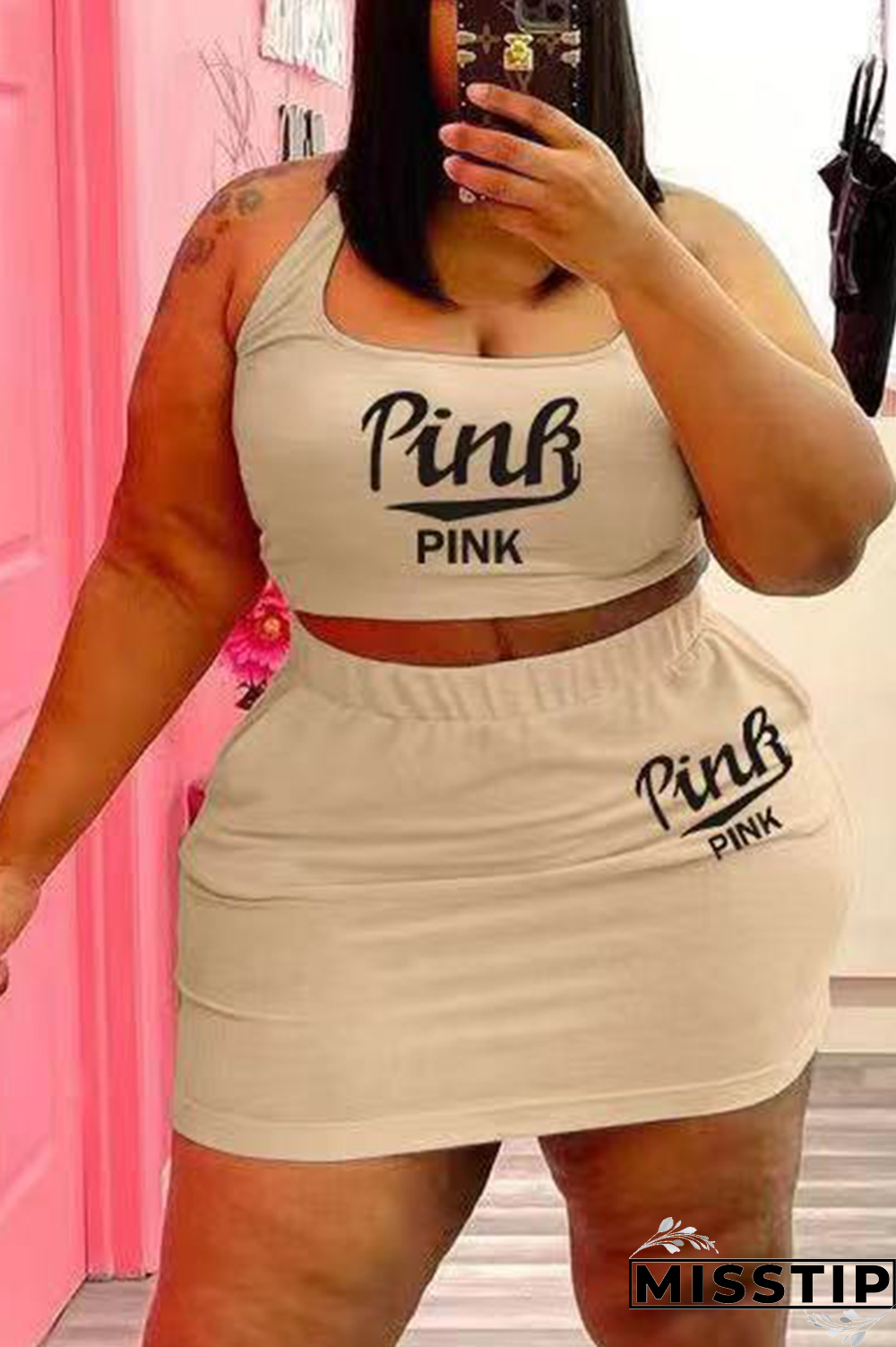 Apricot Casual Print Patchwork U Neck Plus Size Two Pieces