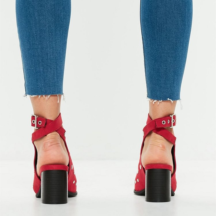 Red Studs Ankle Strap Block Heel Slingback Summer Boots |FSJ Shoes