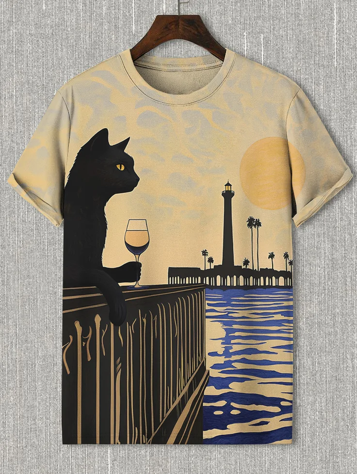 Men's Cat Drinking Holiday Print Short Sleeve T-shirt