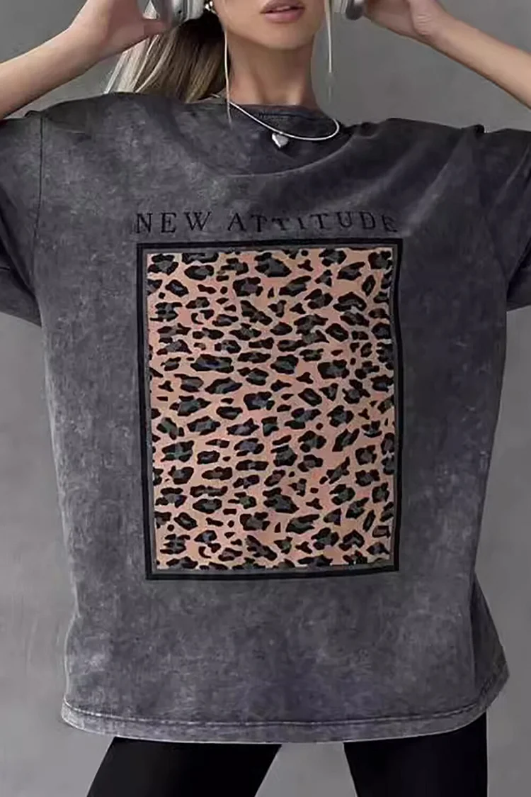 Leopard Print Half Sleeve Round Neck Casual Loose Fit T-shirt-Grey
