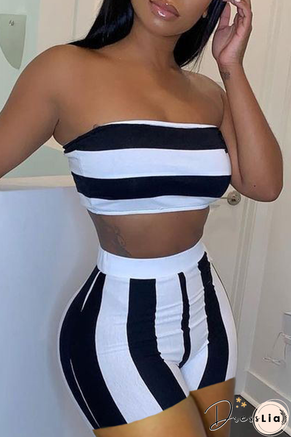 Sexy Striped Split Joint Off The Shoulder Sleeveless Two Pieces