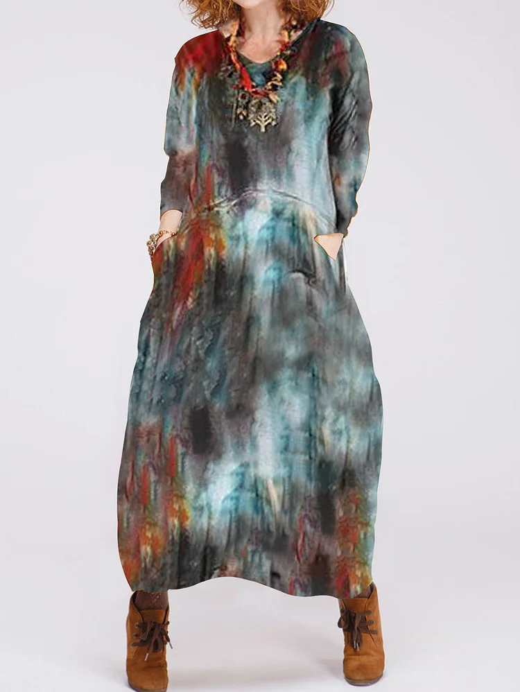 Ursime Casual 3/4 Sleeve Allover Smudge Print Notched Neck Maxi Dress With Pockets