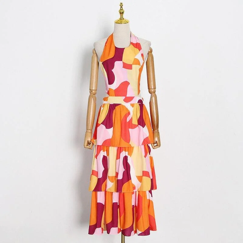 ABEBEY Hit Color Bohemian Dress For Women Hooded Collar Sleeveless Backless High Waist  Dresses Female Summer Fashion