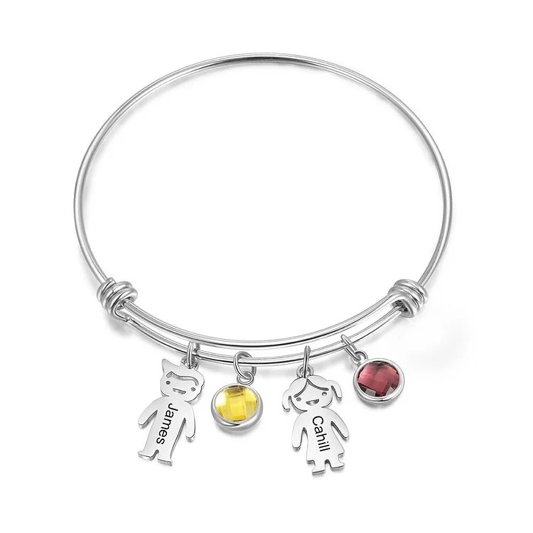 Bangle Bracelet with Kids Charms 2 August Birthstone Engraved 2 Names
