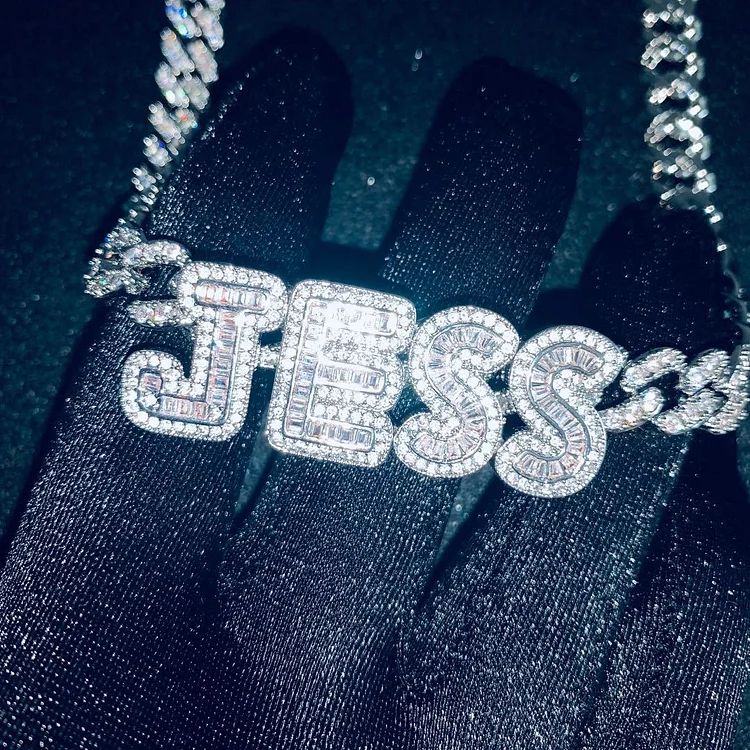 Custom Name Baguette CZ Name with Cuban Chain Necklace Pendant