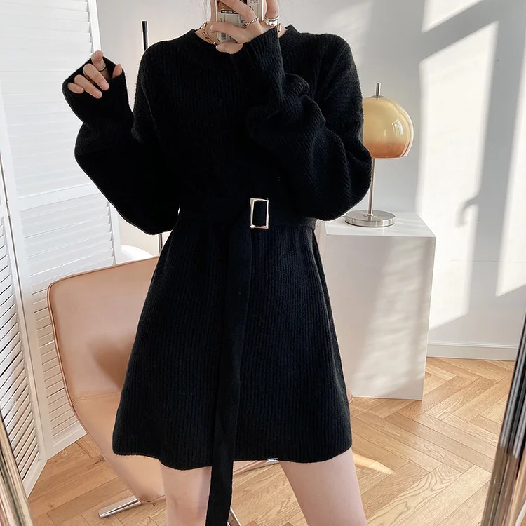 Classic Solid Color Thicken Knitted Mini Dress