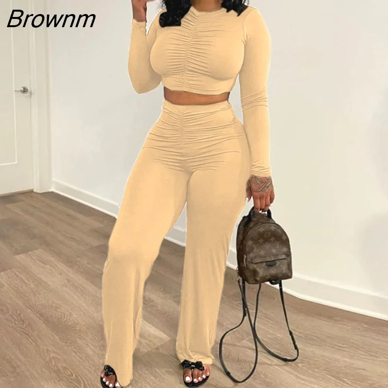 Brownm Piece Casual Suits Long Sleeve Solid Crop Top & Slim Pants Set