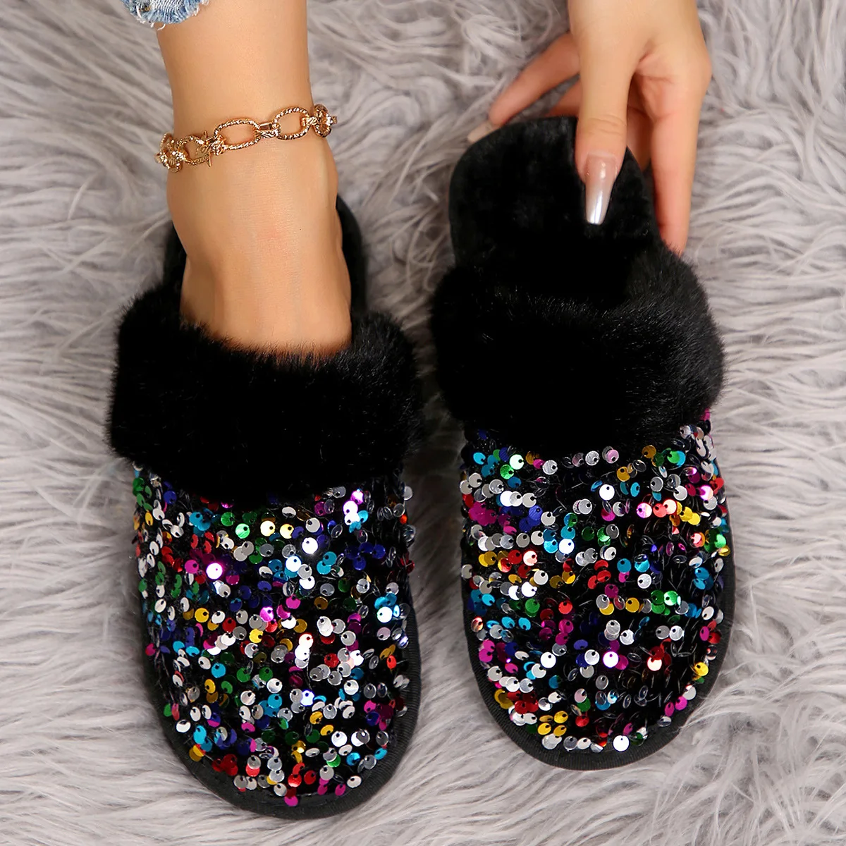Huerhs funky womens shoes 2025 Winter Edition Baotou sequined cotton slippers for women flat bottomed warm plush slippers for home and indoor use
