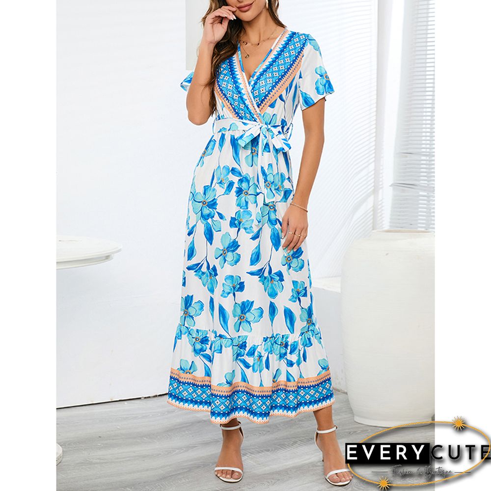 Light Blue Retro Bohemia Print V Neack Beach Dress