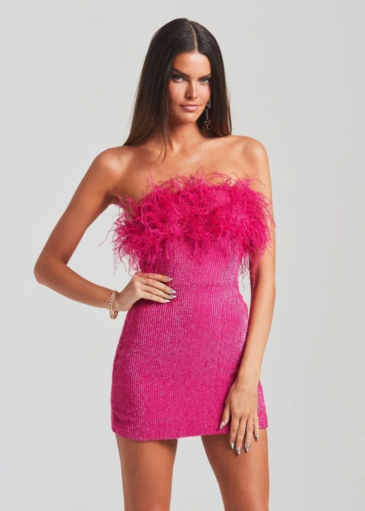 Neosepa-Stuning Off Shoulder Sleeveless Design Rose Sequins Feather Mini Gown