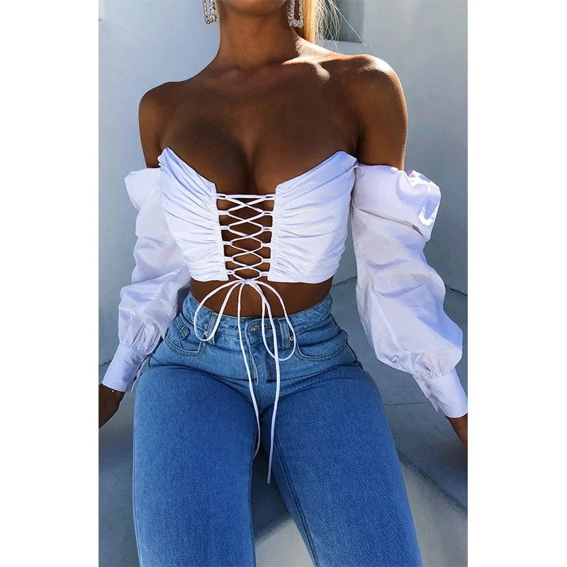 Sexy Women Puff Sleeve Blouse Solid Color Off Shoulder Lace-up Front Tube Tops Crop Tops Autumn Spring Chic Low Cut Blouse