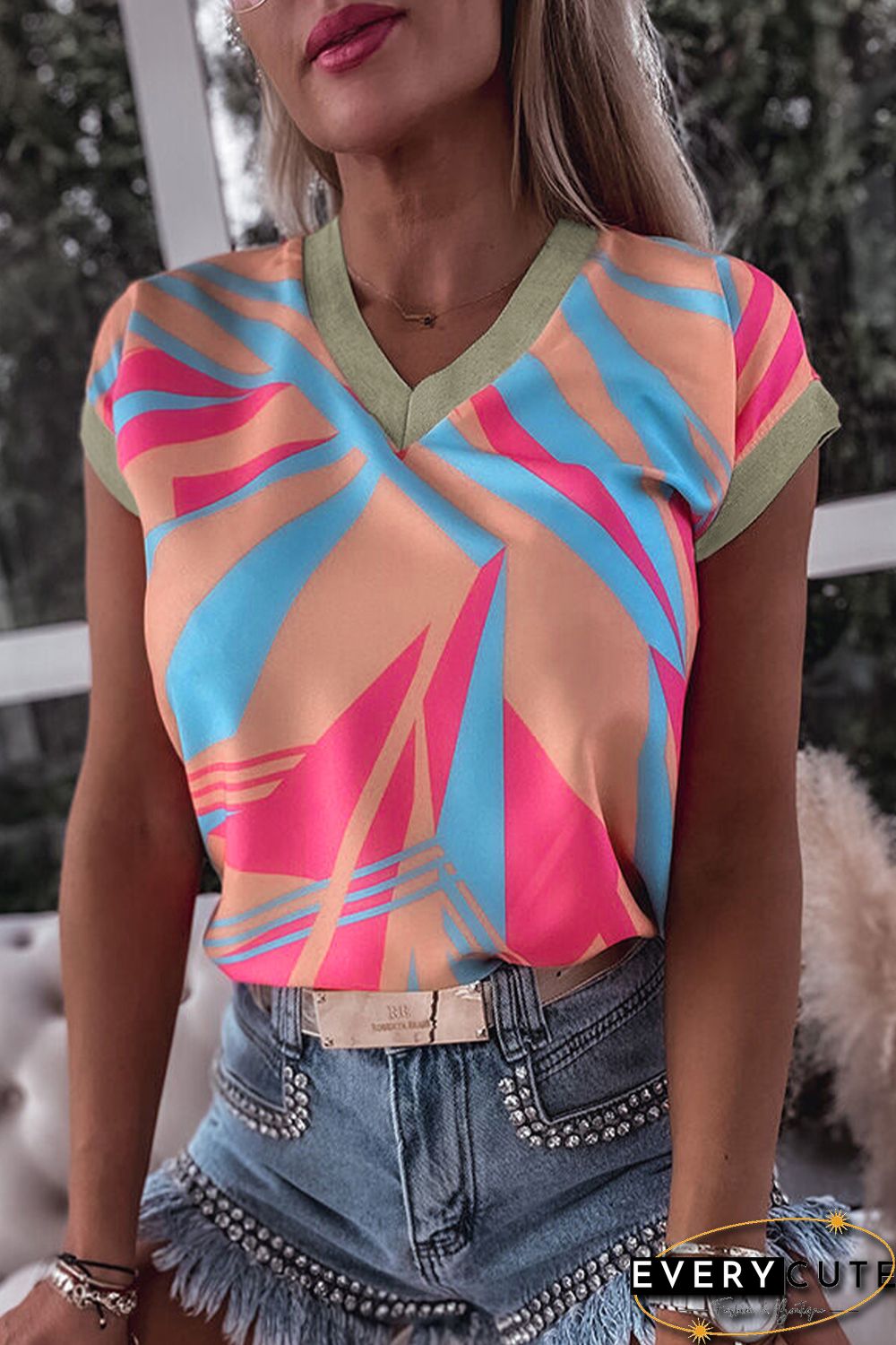 Orange Geometric Print Contrast Trim V Neck Blouse