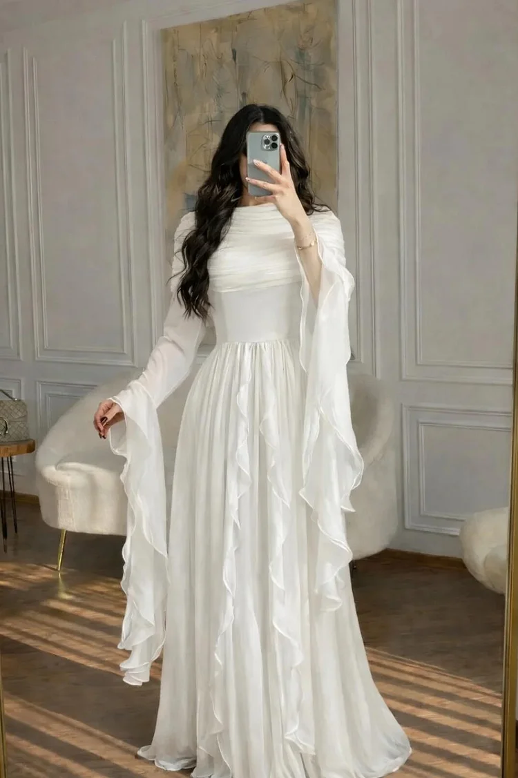 Lussooy Glamorous White Long Sleeves Long Evening Dress With Ruffled Sleeves
