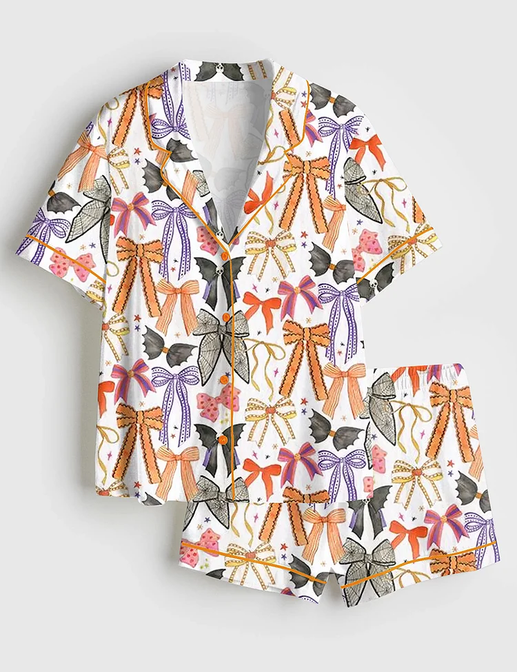 Women&rsquo;s Halloween Bows Spooky Season Short Sleeve Satin Pajama Set