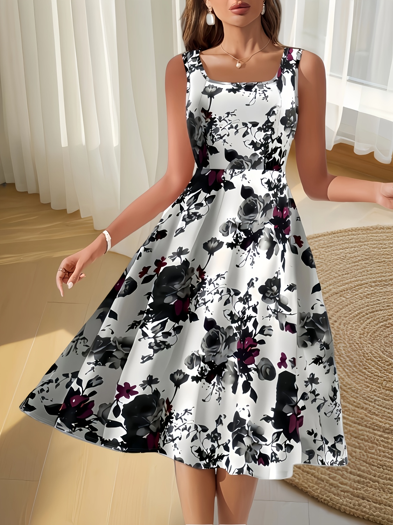 Polyester Elegant Sleeveless A-Line Knit Dress For Women | Floral Print, Square Neck, Black And White Roses, Perfect For Spring/Summer, Casual To Formal Wear | IFYHOME