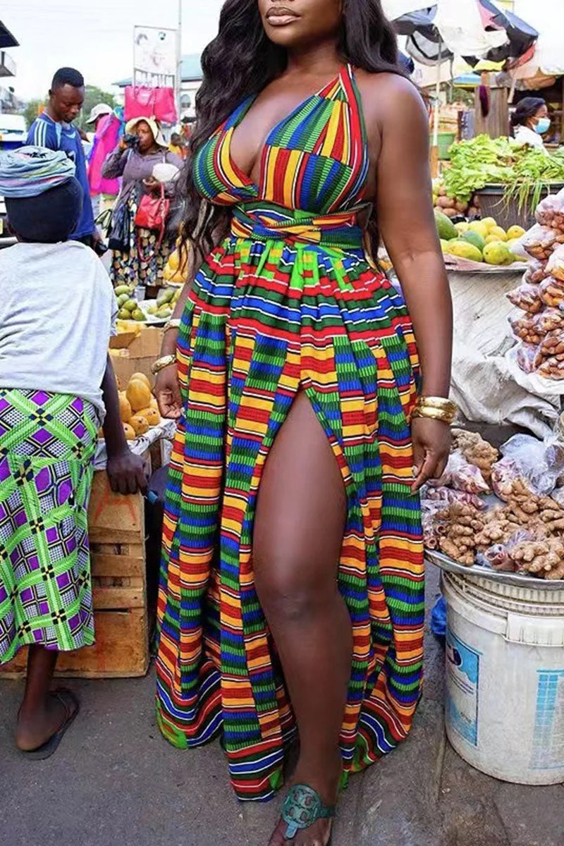 Sexy Vintage Print Patchwork Slit Halter Long Dress Dresses