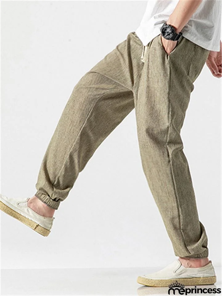 Men Cotton Linen Lightweight Drawstring Pants