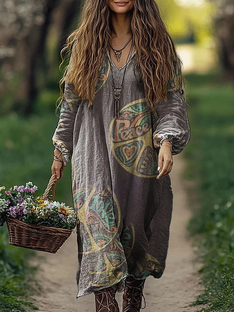 Women's Hippie Art Print Pocket Cotton V Neck Long Sleeve Dress