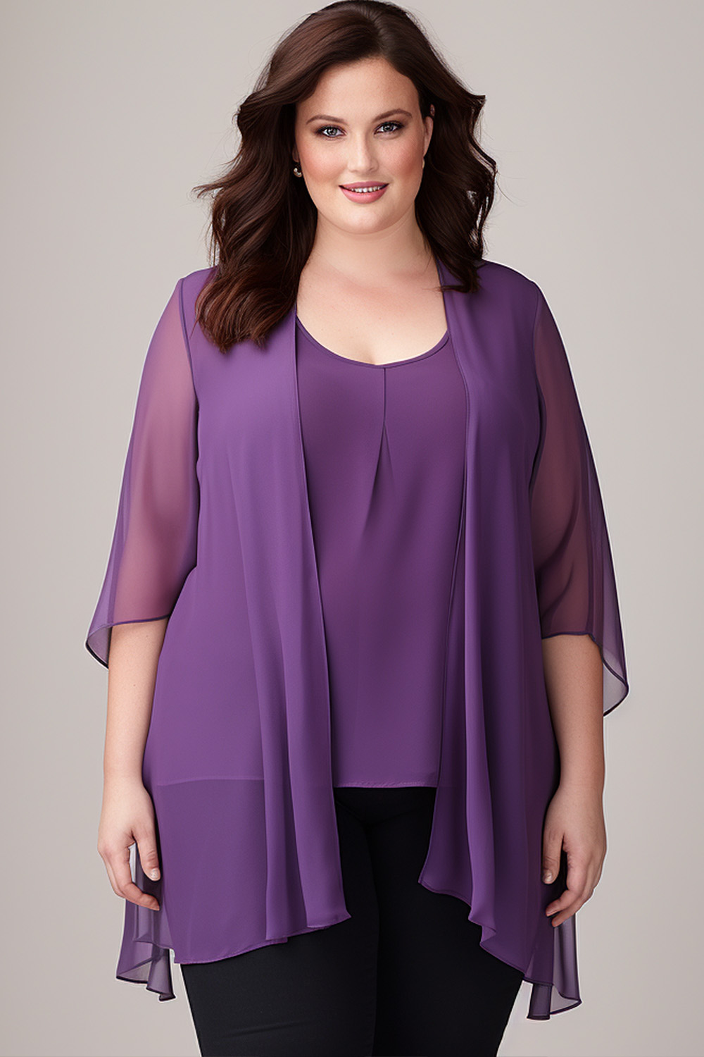 Flycurvy Plus Size Everyday Purple Chiffon Half Sleeve Cardigan Two Pieces Blouse 2024 - Flycurvy 