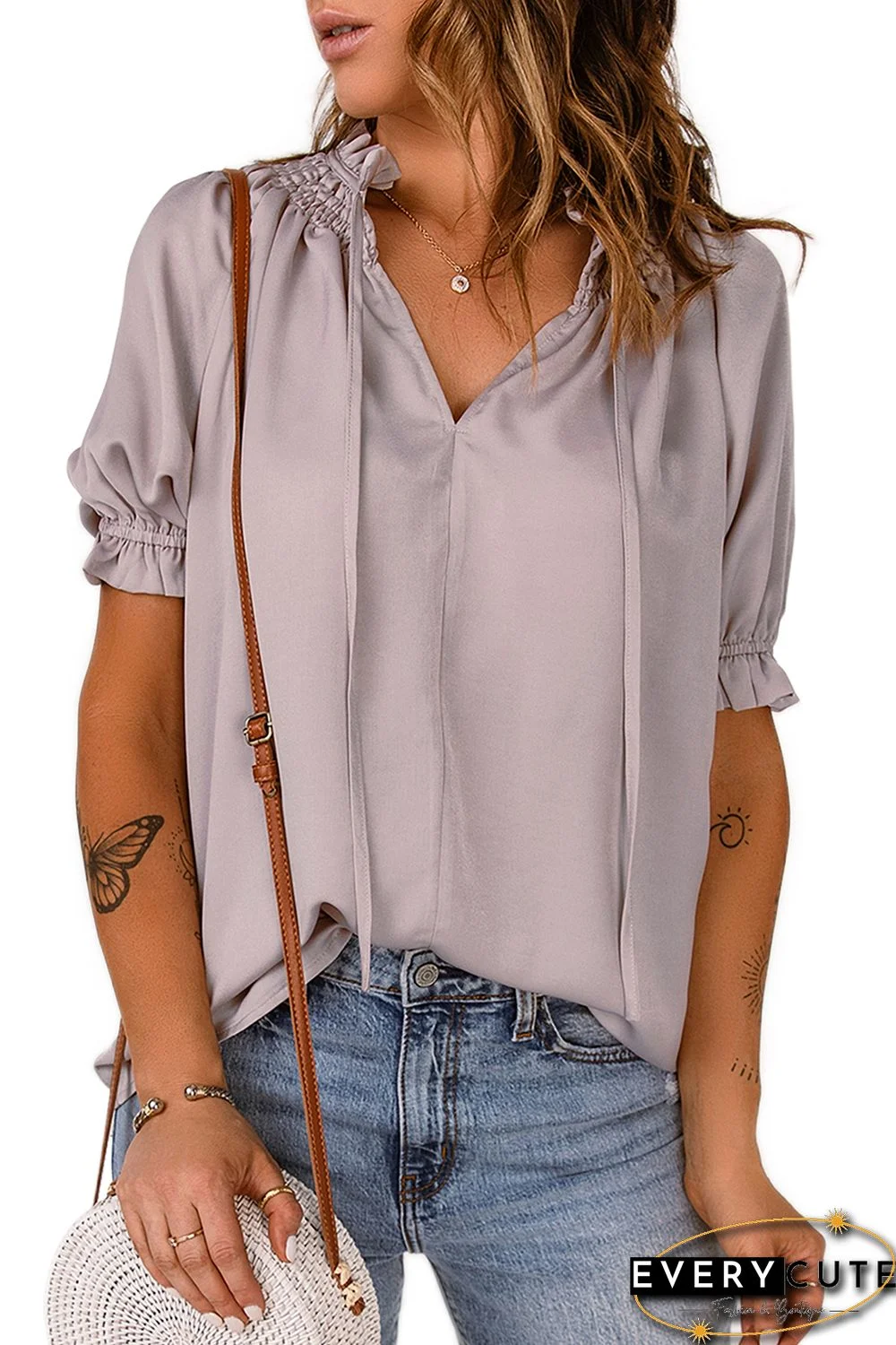 Khaki Split Frill Neck Puff Sleeve Blouse