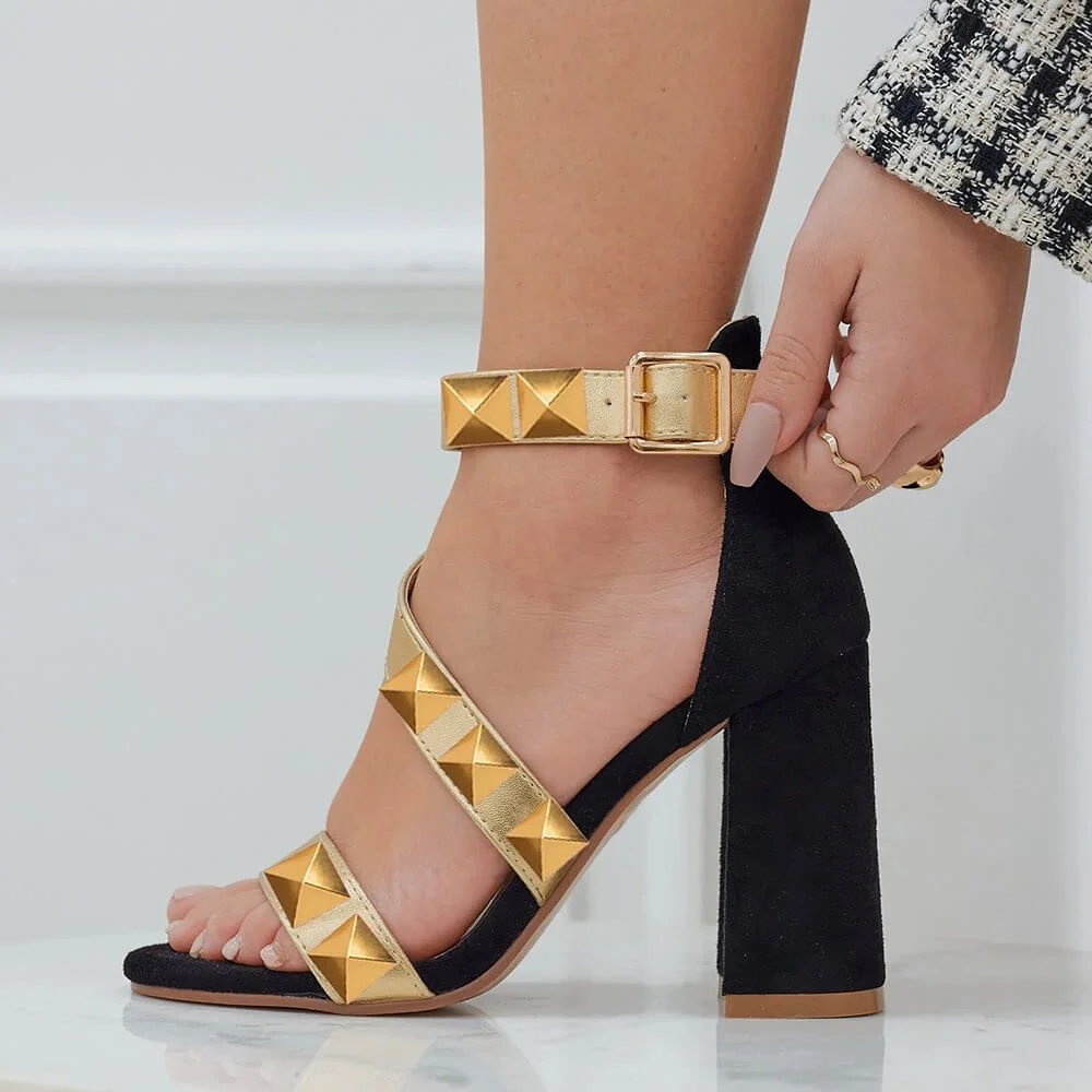Gold Leather Pumps Round Toe Chunky Heels for Women Nicepairs
