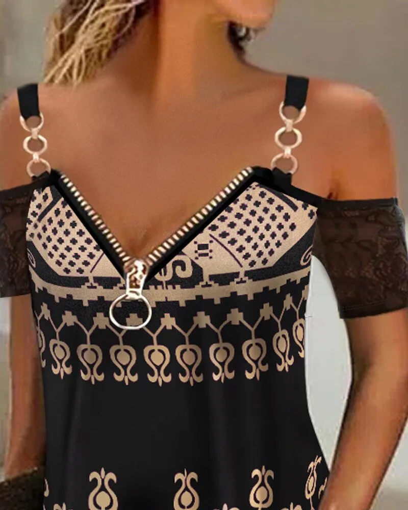 Uveng Women Sexy High Waist Fashion Summer Tribal Print Contrast Lace Cold Shoulder Casual Dress Mini Dress