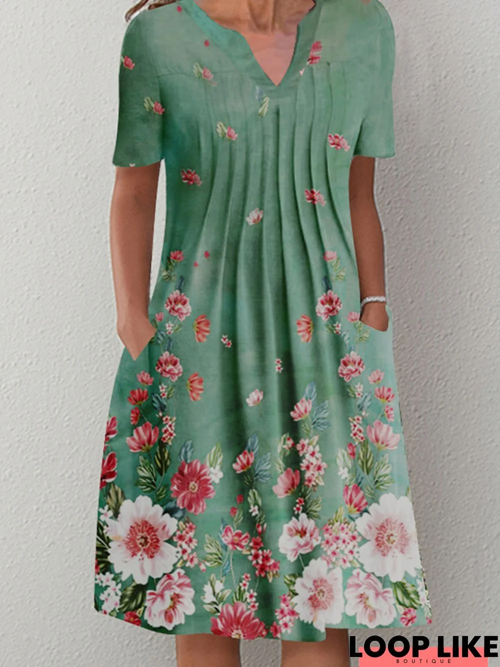 Casual Green Printed Flower V-Neck Dress