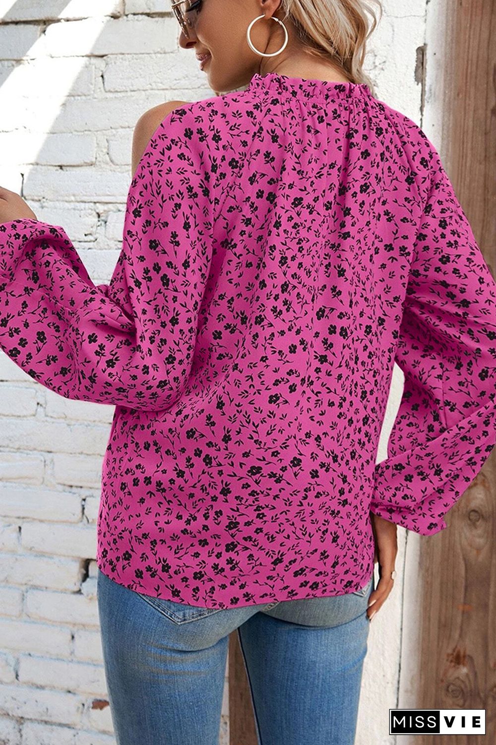 Cold Shoulder Frilled Collar Floral Blouse