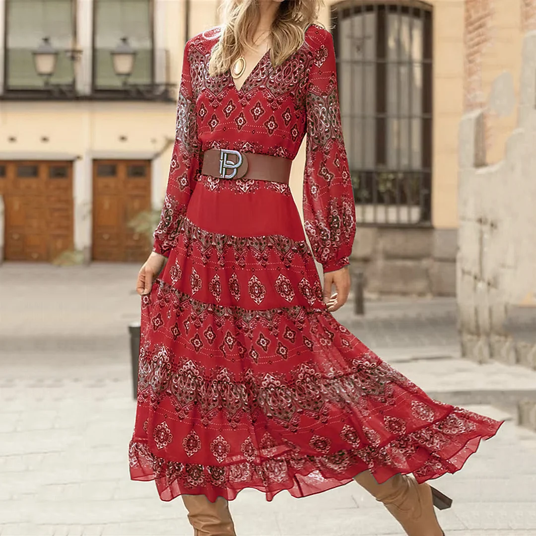 Baroque Print V-Neck Long Sleeved Midi Dress