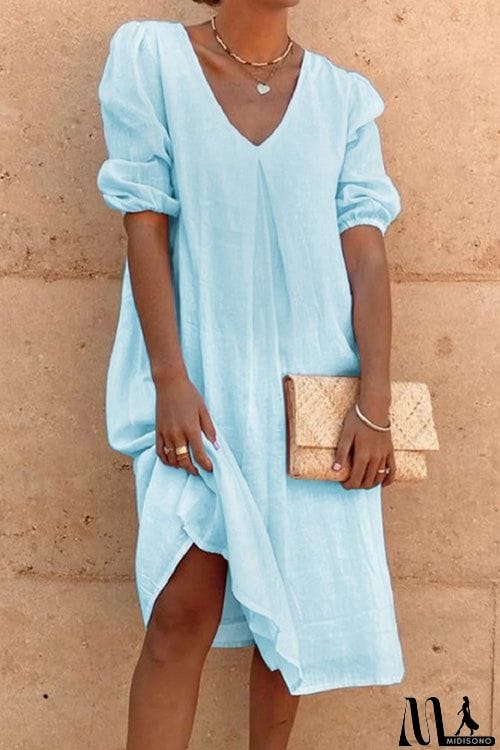 MidiSono - Casual Solid Loose V Neck Three-quarter Sleeve Dress